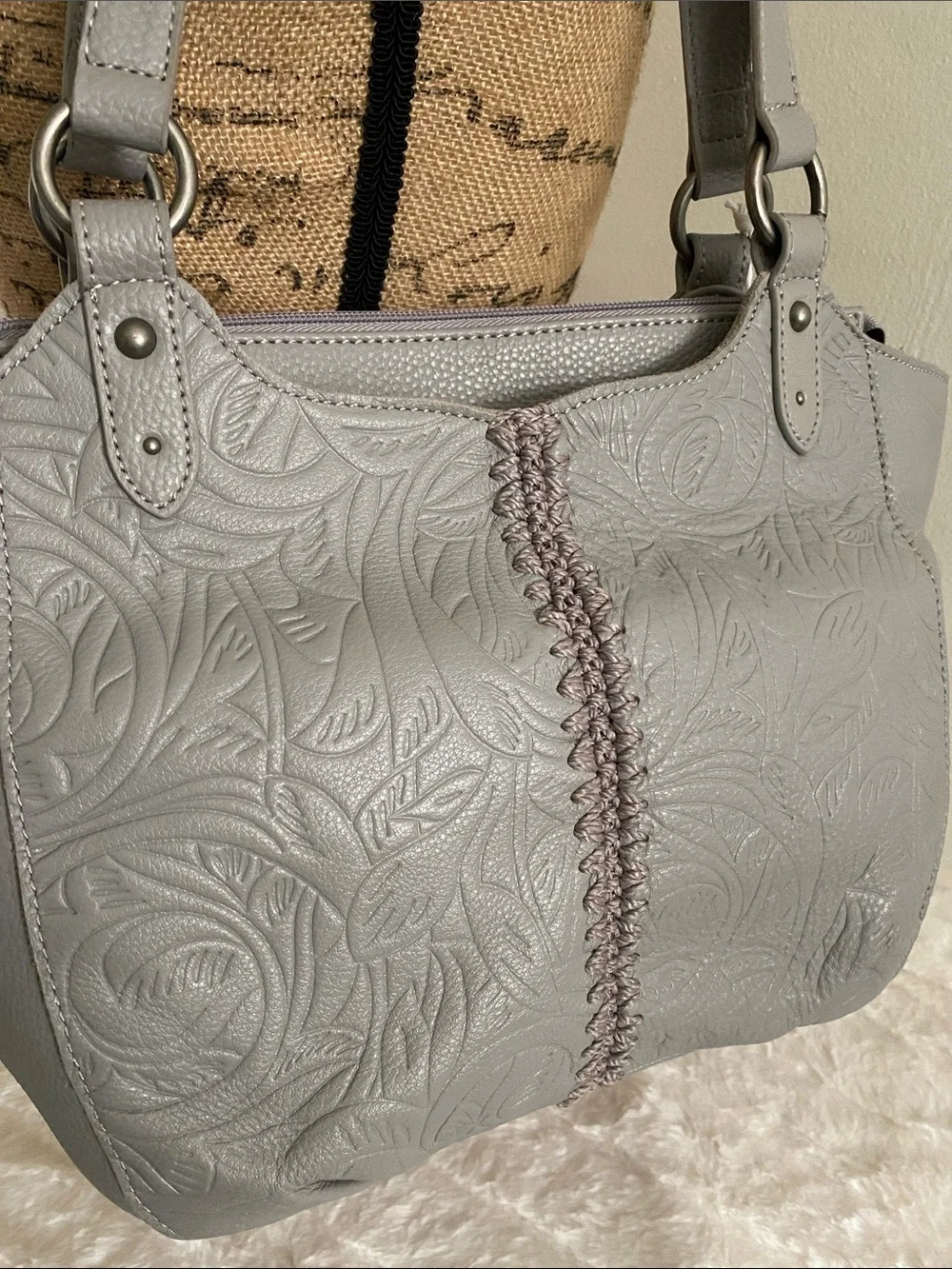 The Sak Leaf Embossed Bolinas Leather Satchel Handbag in Slate